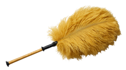 Ostrich feather duster with wooden handle cleaning household surfaces, removing dust, on transparent background
