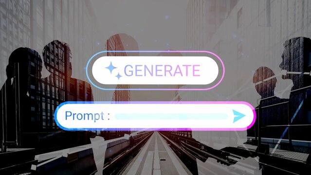 Futuristic interface with chat and generate button in a cityscape, abstract silhouettes, and communication concept in a digital environment Gluon. - Powered by Adobe