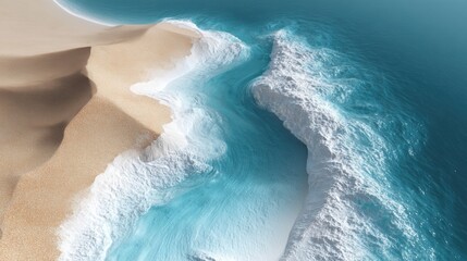 Aerial view of a beautiful beach scene. the water is a deep blue color and the waves are crashing onto the shore.