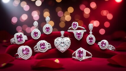 A stunning collection of pink sapphire and diamond rings and earrings on red velvet
