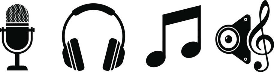 Set of 5 musical icons silhouette microphone headphones music note speaker and treble clef