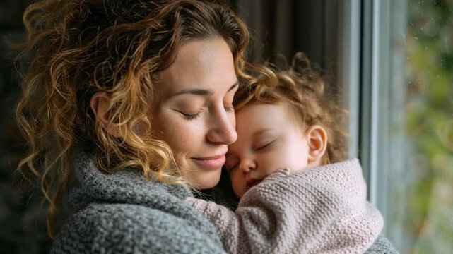 Mother lulling baby to sleep. Cozy home and gentle care concept video