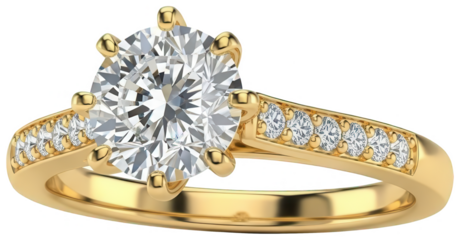 A meticulously crafted, highly detailed 3D rendered diamond engagement ring with a brilliant-cut central diamond and a band adorned with smaller, sparkling, isolated on transparent background.