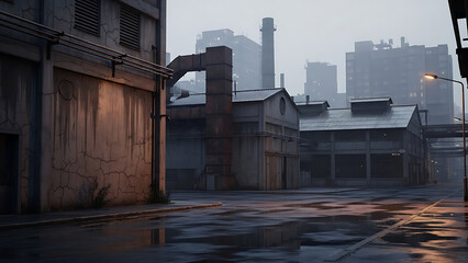 Fototapeta premium Industrial urban landscape with wet pavement and factory buildings under a cloudy sky