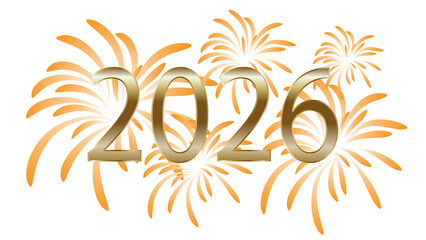 2026 Celebration with Golden Fireworks on White Background