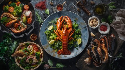Healthy Gourmet Meal with Lobster, Broccoli, and Cherry Tomatoes
