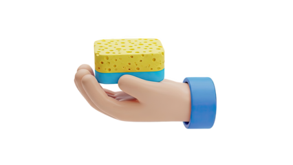 3D Rendered Hand Holding a Yellow and Blue Sponge