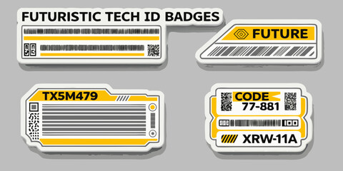 Futuristic tech id badges design elements with barcodes and alphanumeric codes