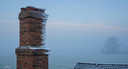 Charming winter scene with a brick chimney dusted with snow, standing against a serene, foggy sky.