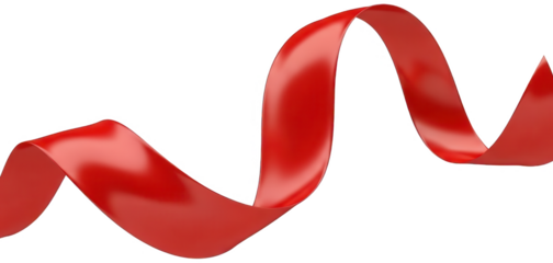 A vibrant, glossy, digitally rendered red satin ribbon gracefully curves and undulates in a flowing, wave-like pattern, exhibiting a smooth, reflective surface, isolated on transparent background.