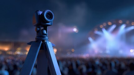 Camera mounted on a tripod in front of a large crowd at a concert. the camera is positioned in the center of the image, with the tripod facing towards the right side of the frame.