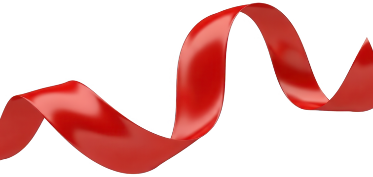 A vibrant, glossy, digitally rendered red satin ribbon gracefully curves and undulates in a flowing, wave-like pattern, exhibiting a smooth, reflective surface, isolated on transparent background. - Powered by Adobe