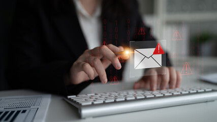 Phishing email alert concept showing digital envelope with warning sign represents data theft,...