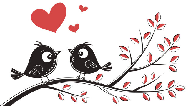 a charming illustration of two black birds perched on a branch amidst red hearts and leaves silhouette