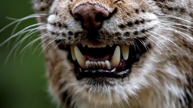 Close-up of a bobcat's powerful mouth revealing sharp fangs and teeth