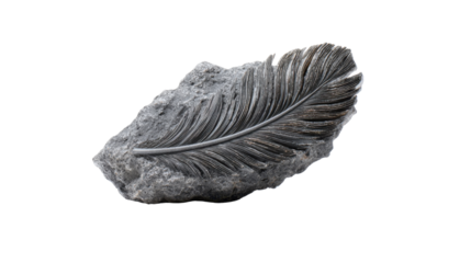 Feather fossil imprinting on a gray rock, studying paleontology and ancient bird feather remains, transparent background