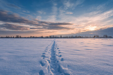 A Solitary Path of Footprints Across a Vast Snowy Field at Golden Hour Sunset.