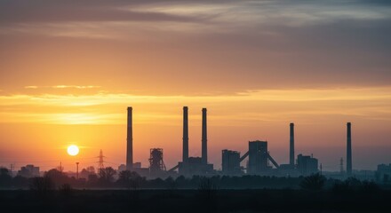 Obraz premium Sunrise casts a golden glow over the industrial landscape, silhouettes defining the skyline.