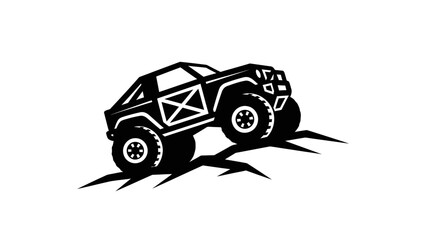 Black and white illustration of a rugged off road vehicle climbing a steep incline.
