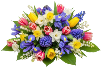 A vibrant and lush arrangement of freshly cut tulips, daffodils, hyacinths, and lily of the valley blossoms, showcasing a diverse palette of yellow, pink, blue,, isolated on transparent background.