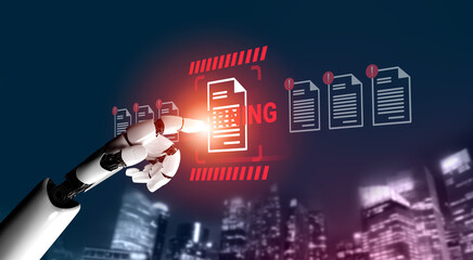 A futuristic robotic hand interacts with a glowing document icon, showcasing advanced technology amidst a city skyline at night, symbolizing innovation and digital management. Gantry