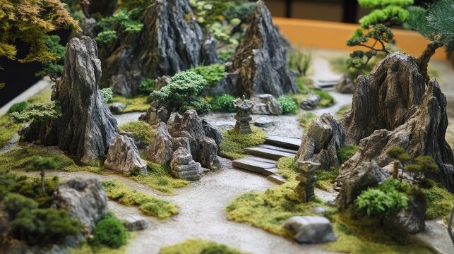 Zen Miniature Garden: Intricate Rocks, Mossy Paths, Stone Steps, and Traditional Lanterns