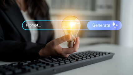A hand holding a glowing light bulb above a computer keyboard, symbolizing innovation and creative...