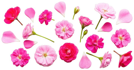 A vibrant collection of delicately detailed pink geranium flowers and scattered petals, presented in a flat lay arrangement with varying degrees of bloom,, isolated on transparent background.