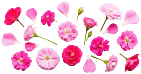 A vibrant collection of delicately detailed pink geranium flowers and scattered petals, presented in a flat lay arrangement with varying degrees of bloom,, isolated on transparent background.