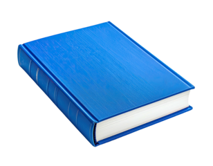 Isolated close-up of a hardcover book with blue textured cover