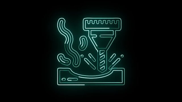 Glowing neon line milling machine icon with mechanical animation. CNC tool illustration HD video isolated on black background.
