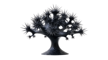 Abstract spiked black tree creating a surreal and organic metallic structure, transparent background