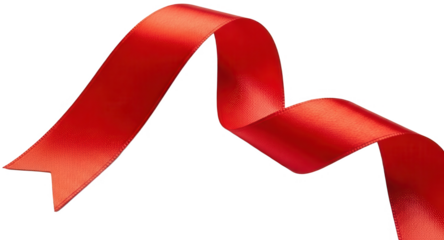 A vibrant, crimson red satin ribbon with a gently curved and flowing form gracefully loops and bends, exhibiting a subtle sheen and a smooth, luxurious texture, isolated on transparent background.