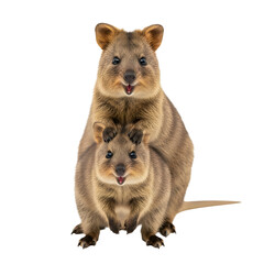 Mother and baby quokka smiling isolated on checkerboard background
