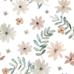 Watercolor seamless pattern with eucalyptus branches and flowers . Hand drawn illustration on white background