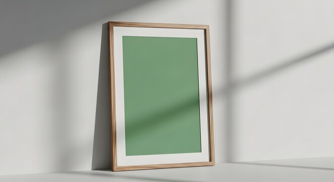 Minimalist framed poster mockup with green blank artwork leaning against a wall