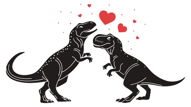 two dinosaurs a t rex pair are facing each other surrounded by floating hearts in a striking silhouette