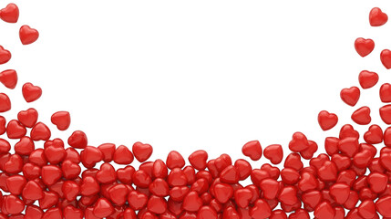 A vibrant and densely packed collection of glossy, three-dimensional red heart shapes, seemingly overflowing and cascading upwards with a slightly chaotic, isolated on transparent background.