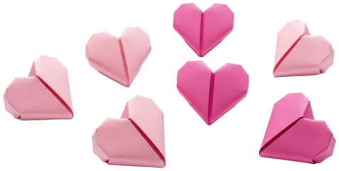 Delicate, intricately folded pink paper hearts, crafted in a traditional origami style, are arranged in a clustered, slightly asymmetrical bouquet, presented, isolated on transparent background.