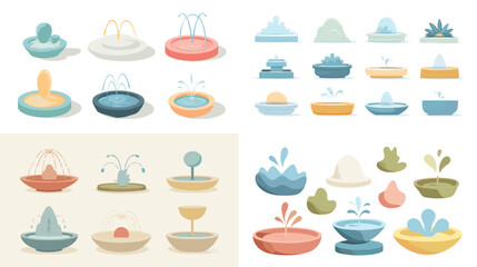 Illustrated set of stylized water fountains with playful shapes and soft colors suitable for park scenes kids designs urban decor and decorative environment illustrations