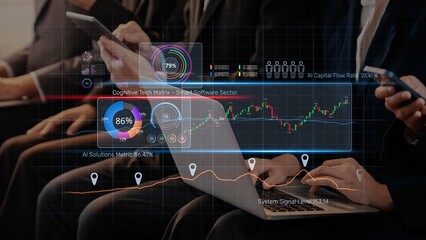 A group of professionals analyzes data visualizations on devices, showcasing financial metrics, technology trends, and performance indicators in a contemporary workspace. Raster