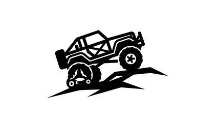 Black and white illustration of a rugged off road vehicle climbing a steep incline.