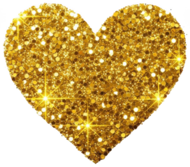A dazzling, intricately detailed heart shape composed of shimmering golden glitter particles with a textured, sparkling surface, radiating bright starburst, isolated on transparent background.