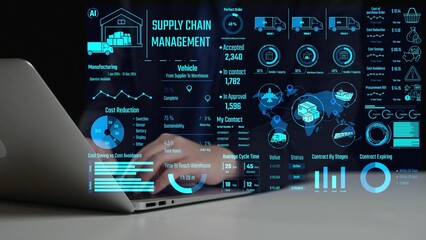 A visual representation of advanced supply chain management analytics showing key metrics and data visualizations on a laptop screen, demonstrating efficiency and insights. Cipher