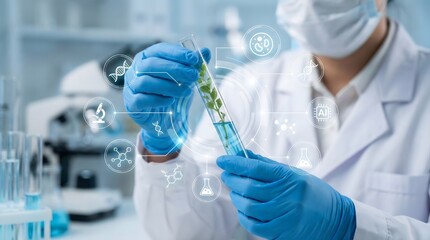 Scientist,holding,test,tube,with,green,plant,in,laboratory,working,on,biotechnology,research,using,digital,ai,interface,concept,of,botany,science,innovation,and,genetics,engineering.