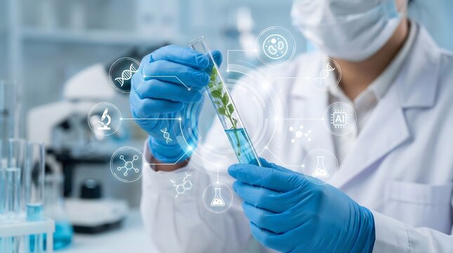 Scientist,holding,test,tube,with,green,plant,in,laboratory,working,on,biotechnology,research,using,digital,ai,interface,concept,of,botany,science,innovation,and,genetics,engineering.