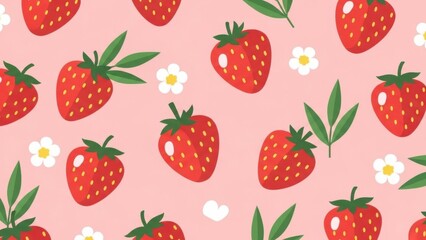 Vibrant strawberry pattern with flowers on pink background
