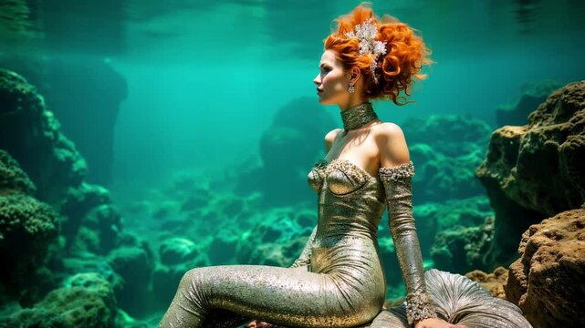 Beautiful red-haired mermaid sitting on a rock. Beautiful mermaid with a tail lives under clear water