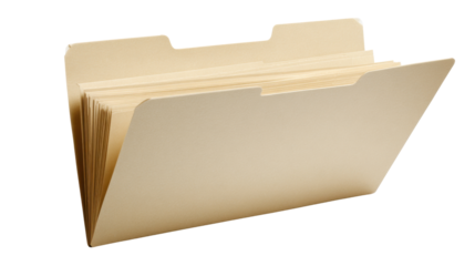 Manila file folder, documents and paperwork organized for office administration, business, data, records, and archival concepts on transparent background