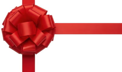 A vibrant, intricately layered, crimson satin bow with a voluminous, multi-tiered design and a long, flowing tail, elegantly cascading downwards against a, isolated on transparent background.